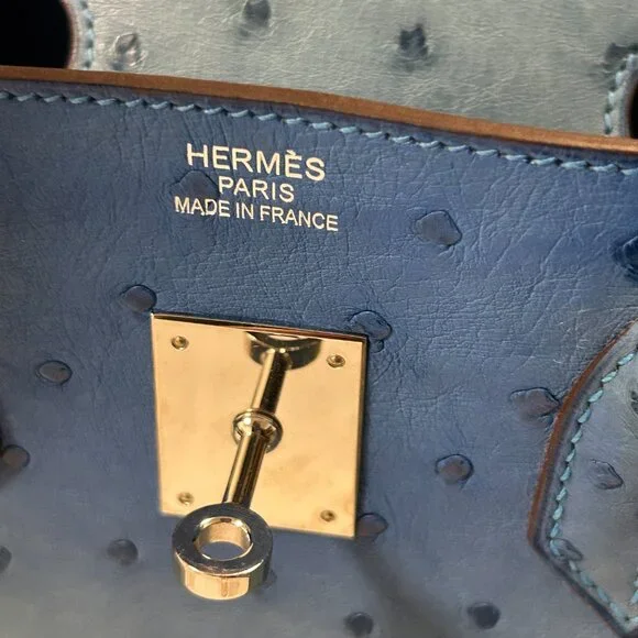 Hermes Blue Ostrich Leather Birkin 35 Bag (Sun Bleaching) - Picture 14 of 16